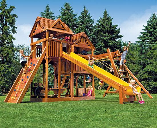 87F King Kong Clubhouse Pkg III Loaded with Wood Roofs Swing Set