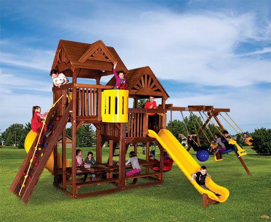 90M King Kong Clubhouse Quarter Turned Base Pkg II with Dual Picnic Tables and Dual Wood Roofs Swing Set