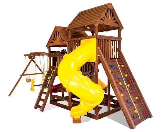 90M King Kong Clubhouse Quarter Turned Base Pkg II with Dual Picnic Tables and Dual Wood Roofs Playset