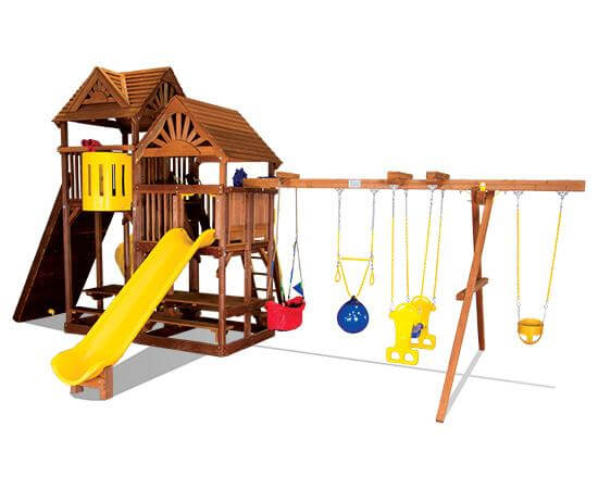 90M King Kong Clubhouse Quarter Turned Base Pkg II with Dual Picnic Tables and Dual Wood Roofs Swing Set