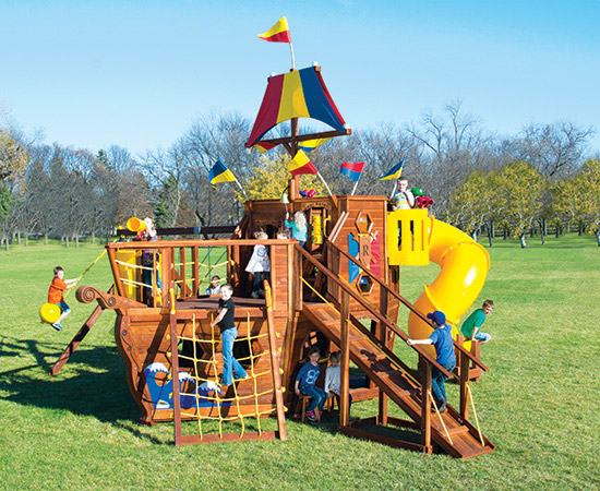 Wooden Pirate Ship Playsets With Swing Set, Wooden Pirate Boat Playhouse