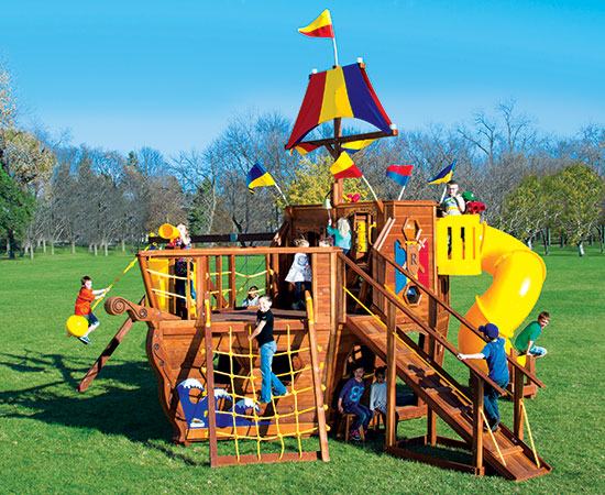 Wooden Pirate Ship Playsets With Swing Set, Wooden Pirate Ship Playhouse